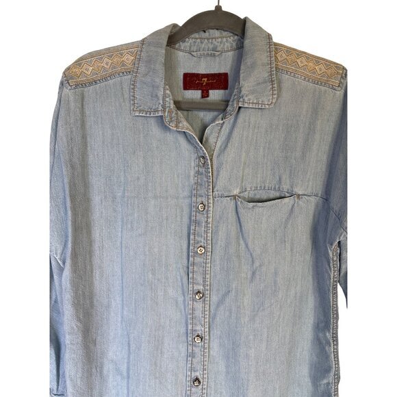 7 For All Mankind Womens Shirt Size Small Chambray Linen Blend Blue Embroidered - Picture 2 of 11